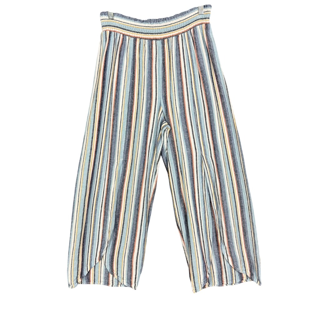 Land 'n Sea Pants Womens Large Blue Striped Linen Blend Wide Leg Crop Open Ankle